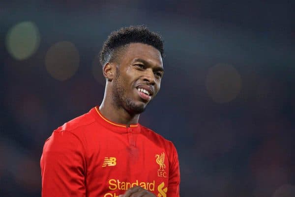 LIVERPOOL, ENGLAND - Tuesday, October 25, 2016: Liverpool's Daniel Sturridge in action against Tottenham Hotspur during the Football League Cup 4th Round match at Anfield. (Pic by David Rawcliffe/Propaganda)