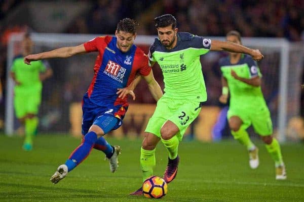 LONDON, ENGLAND - Saturday, October 29, 2016: Liverpool's Emre Can in action against Crystal Palace's Joel Ward during the FA Premier League match at Selhurst Park. (Pic by David Rawcliffe/Propaganda)