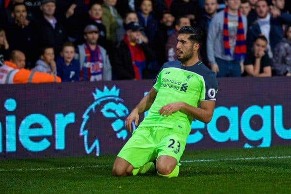 LONDON, ENGLAND - Saturday, October 29, 2016: Liverpool's Emre Can celebrates scoring the first goal against Crystal Palace during the FA Premier League match at Selhurst Park. (Pic by David Rawcliffe/Propaganda)