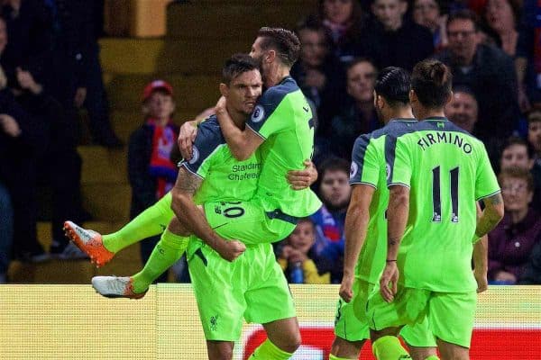 LONDON, ENGLAND - Saturday, October 29, 2016: Liverpool's Dejan Lovren celebrates scoring the second goal against Crystal Palace with team-mate Adam Lallana during the FA Premier League match at Selhurst Park. (Pic by David Rawcliffe/Propaganda)