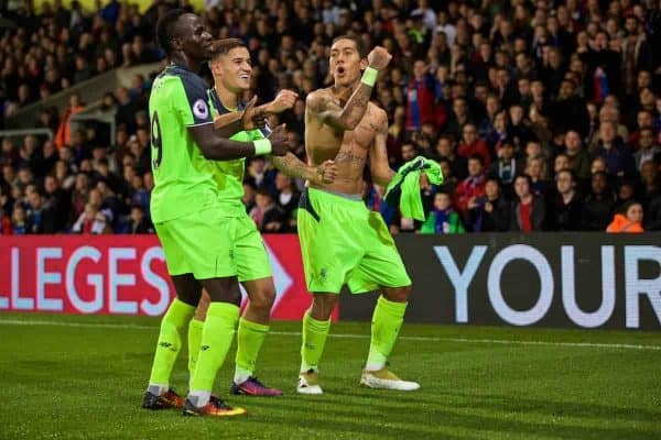 LONDON, ENGLAND - Saturday, October 29, 2016: Liverpool's Roberto Firmino celebrates scoring the fourth goal against Crystal Palace during the FA Premier League match at Selhurst Park. (Pic by David Rawcliffe/Propaganda)