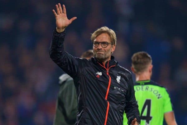 LONDON, ENGLAND - Saturday, October 29, 2016: Liverpool's manager Jürgen Klopp waves to the travelling supporters after his side's 4-2 victory over Crystal Palace during the FA Premier League match at Selhurst Park. (Pic by David Rawcliffe/Propaganda)