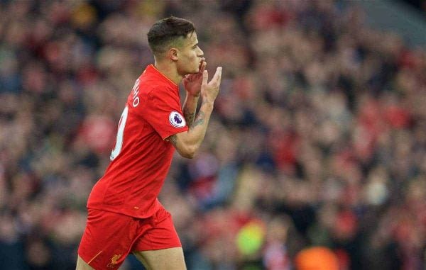 LIVERPOOL, ENGLAND - Sunday, November 6, 2016: Liverpool's Philippe Coutinho Correia celebrates scoring the second goal against Watford during the FA Premier League match at Anfield. (Pic by David Rawcliffe/Propaganda)