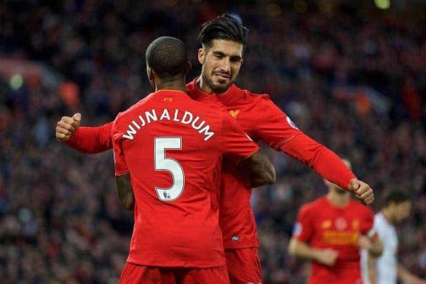 LIVERPOOL, ENGLAND - Sunday, November 6, 2016: Liverpool's Georginio Wijnaldum celebrates scoring the sixth goal against Watford with team-mate Emre Can during the FA Premier League match at Anfield. (Pic by David Rawcliffe/Propaganda)