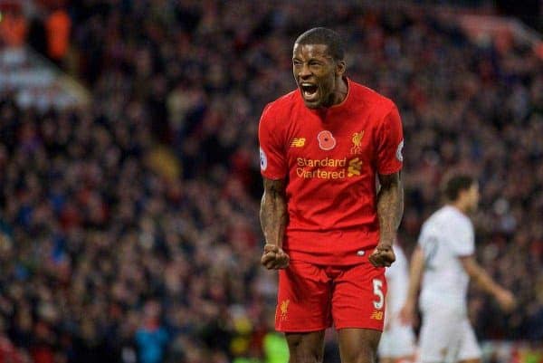 LIVERPOOL, ENGLAND - Sunday, November 6, 2016: Liverpool's Georginio Wijnaldum celebrates scoring the sixth goal against Watford during the FA Premier League match at Anfield. (Pic by David Rawcliffe/Propaganda)