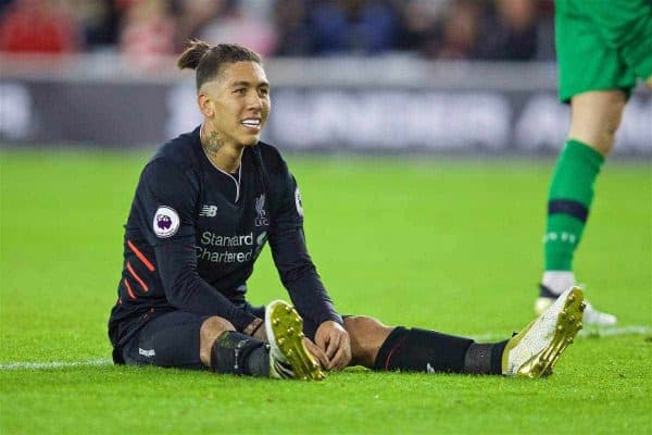 SOUTHAMPTON, ENGLAND - Saturday, November 19, 2016: Liverpool's Roberto Firmino looks dejected after missing a chance against Southampton during the FA Premier League match at St. Mary's Stadium. (Pic by David Rawcliffe/Propaganda)