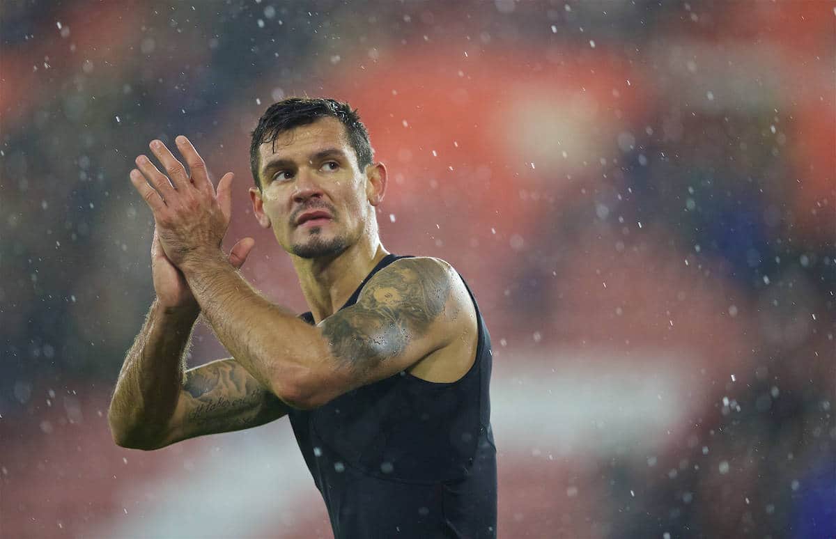 SOUTHAMPTON, ENGLAND - Saturday, November 19, 2016: Liverpool's Dejan Lovren applauds the travelling supporters after giving his shirt away following the goal-less draw with his former club Southampton during the FA Premier League match at St. Mary's Stadium. (Pic by David Rawcliffe/Propaganda)