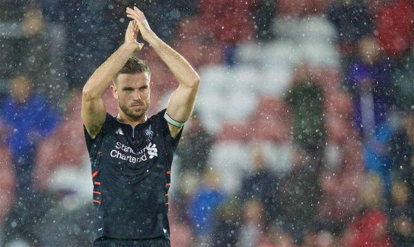 SOUTHAMPTON, ENGLAND - Saturday, November 19, 2016: Liverpool's captain Jordan Henderson applauds the travelling supporters after the goal-less draw with Southampton during the FA Premier League match at St. Mary's Stadium. (Pic by David Rawcliffe/Propaganda)