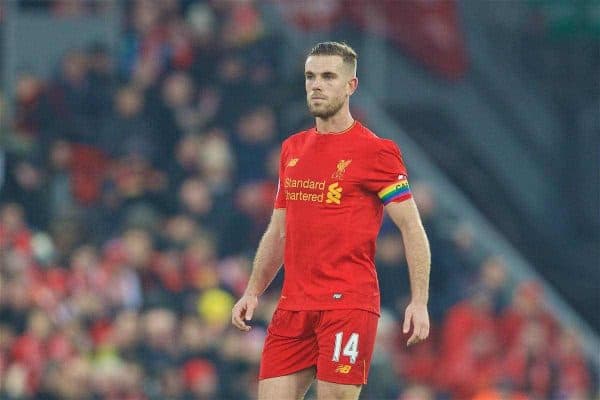 LIVERPOOL, ENGLAND - Saturday, November 26, 2016: Liverpool's captain Jordan Henderson wearing a rainbow armband in action against Sunderland during the FA Premier League match at Anfield. (Pic by David Rawcliffe/Propaganda)