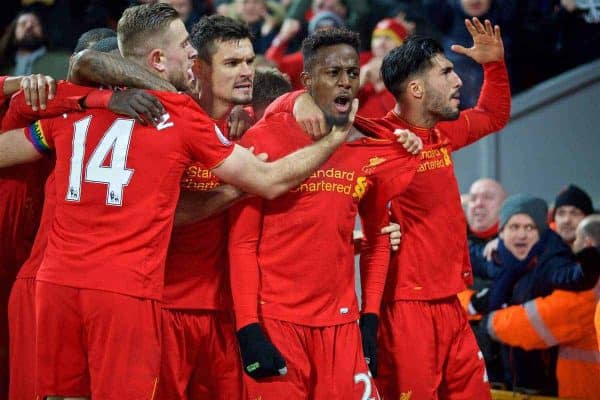 LIVERPOOL, ENGLAND - Saturday, November 26, 2016: Liverpool's Divock Origi celebrates scoring the first goal againstSunderland during the FA Premier League match at Anfield. (Pic by David Rawcliffe/Propaganda)