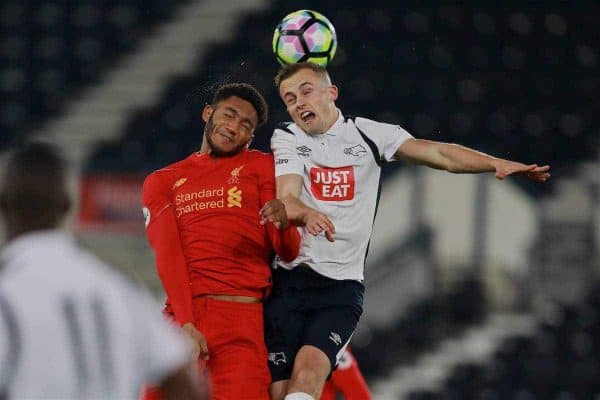 DERBY, ENGLAND - Monday, November 28, 2016: Liverpool's Joe Gomez in action against Derby County's Charles Vernal during the FA Premier League 2 Under-23 match at Pride Park. (Pic by David Rawcliffe/Propaganda)