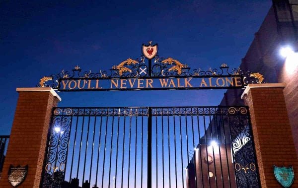 LIVERPOOL, ENGLAND - Tuesday, November 29, 2016: The Shankly Gates, featuring the club's anthem "You'll Never Walk Alone" outside Liverpool's Anfield Stadium before the Football League Cup Quarter-Final match against Leeds United. (Pic by David Rawcliffe/Propaganda)