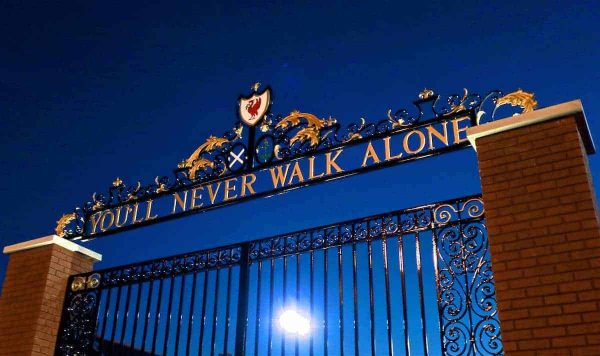 LIVERPOOL, ENGLAND - Tuesday, November 29, 2016: The Shankly Gates, featuring the club's anthem "You'll Never Walk Alone" outside Liverpool's Anfield Stadium before the Football League Cup Quarter-Final match against Leeds United. (Pic by David Rawcliffe/Propaganda)