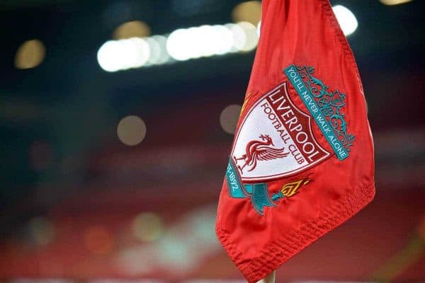 LIVERPOOL, ENGLAND - Tuesday, November 29, 2016: A red corner flag at Anfield ahead of the Football League Cup Quarter-Final match between Liverpool and Leeds United. (Pic by David Rawcliffe/Propaganda)