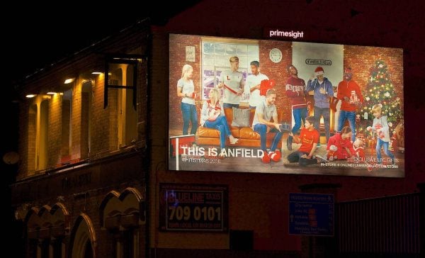 LIVERPOOL, ENGLAND - Tuesday, November 29, 2016: A Liverpool merchandise Christmas advert on the side of the Albert pub outside Anfield ahead of the Football League Cup Quarter-Final match between Liverpool and Leeds United. (Pic by David Rawcliffe/Propaganda)