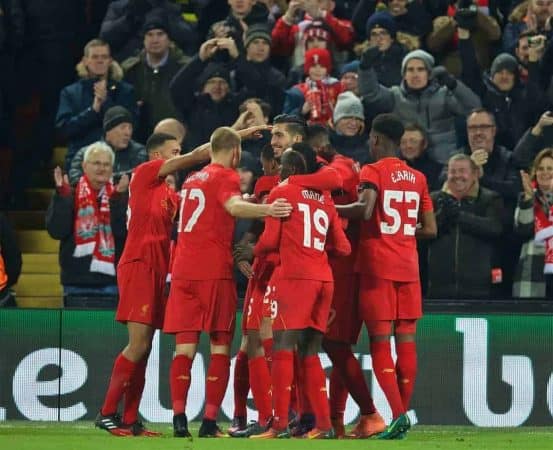 LIVERPOOL, ENGLAND - Tuesday, November 29, 2016: Liverpool players celebrate with goal-scorer Ben Woodburn after the 2-0 victory over Leeds United during the Football League Cup Quarter-Final match at Anfield. (Pic by David Rawcliffe/Propaganda)