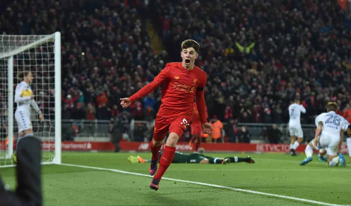 LIVERPOOL, ENGLAND - Tuesday, November 29, 2016: Liverpool's Ben Woodburn scores the second goal against Leeds United, to become the club's youngest ever goal-scorer, during the Football League Cup Quarter-Final match at Anfield. (Pic by David Rawcliffe/Propaganda)