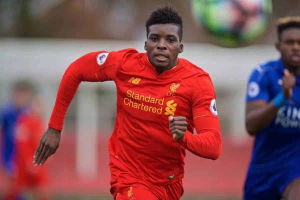 BURTON-UPON-TRENT, ENGLAND - Saturday, December 3, 2016: Liverpool's Sheyo Ojo in action against Leicester City during the Premier League International Cup match at St. George's Park. (Pic by David Rawcliffe/Propaganda)