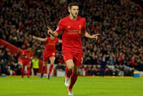 LIVERPOOL, ENGLAND - Sunday, December 11, 2016: Liverpool's Adam Lallana celebrates scoring the first goal against West Ham United during the FA Premier League match at Anfield. (Pic by David Rawcliffe/Propaganda)