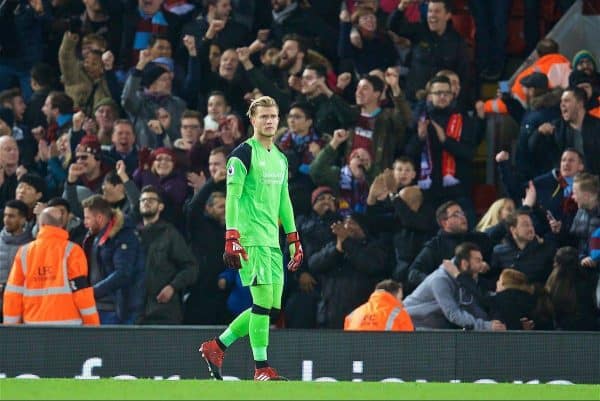 LIVERPOOL, ENGLAND - Sunday, December 11, 2016: Liverpool's goalkeeper Loris Karius looks dejected as West Ham United score the second goal during the FA Premier League match at Anfield. (Pic by David Rawcliffe/Propaganda)