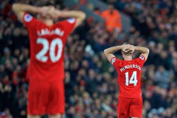 LIVERPOOL, ENGLAND - Sunday, December 11, 2016: Liverpool's captain Jordan Henderson looks dejected after missing a chance against West Ham United during the FA Premier League match at Anfield. (Pic by David Rawcliffe/Propaganda)