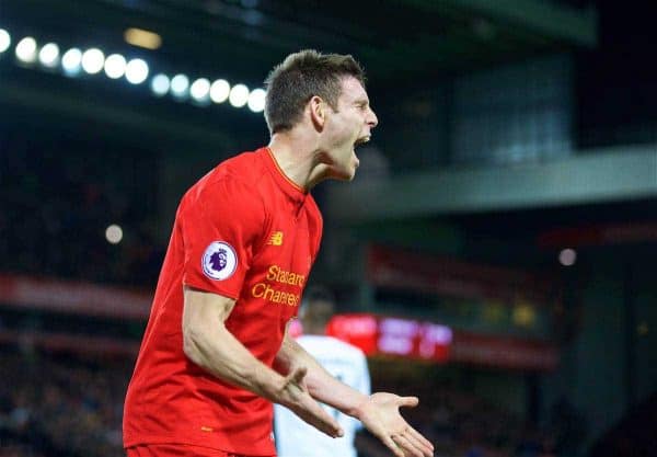 LIVERPOOL, ENGLAND - Sunday, December 11, 2016: Liverpool's James Milner looks dejected after the 2-2 home draw with West Ham United during the FA Premier League match at Anfield. (Pic by David Rawcliffe/Propaganda)