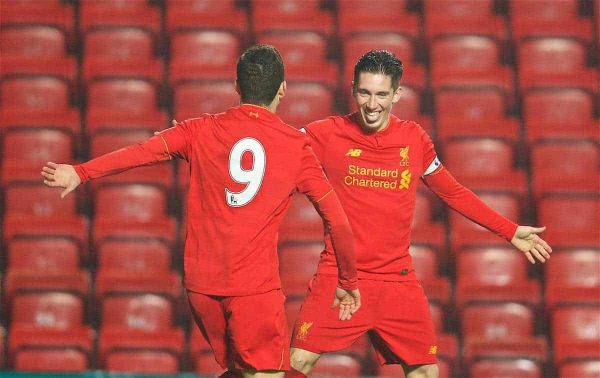 LIVERPOOL, ENGLAND - Monday, December 12, 2016: Liverpool's captain Harry Wilson celebrates scoring the first goal against Arsenal during FA Premier League 2 Division 1 Under-23 match at Anfield. (Pic by David Rawcliffe/Propaganda)