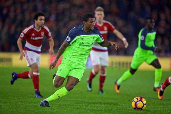 MIDDLESBROUGH, ENGLAND - Wednesday, December 14, 2016: Liverpool's Georginio Wijnaldum in action against Middlesbrough during the FA Premier League match at the Riverside Stadium. (Pic by David Rawcliffe/Propaganda)