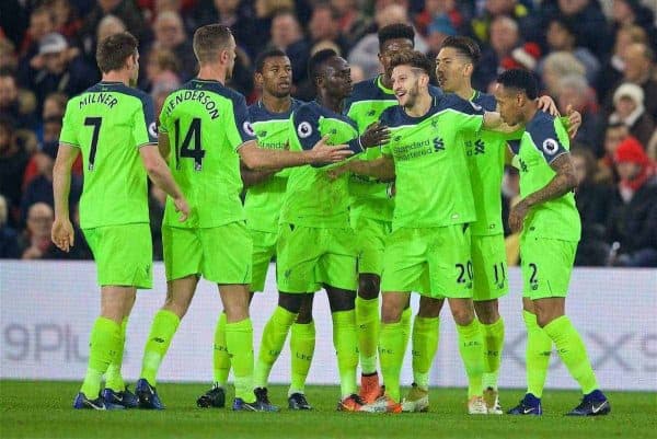 MIDDLESBROUGH, ENGLAND - Wednesday, December 14, 2016: Liverpool's Adam Lallana celebrates scoring the first goal against Middlesbrough with team-mates during the FA Premier League match at the Riverside Stadium. (Pic by David Rawcliffe/Propaganda)