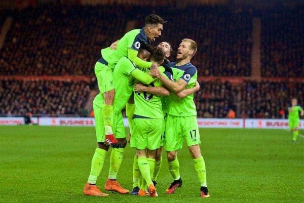 MIDDLESBROUGH, ENGLAND - Wednesday, December 14, 2016: Liverpool's Adam Lallana celebrates scoring the third goal against Middlesbrough with team-mates during the FA Premier League match at the Riverside Stadium. (Pic by David Rawcliffe/Propaganda)