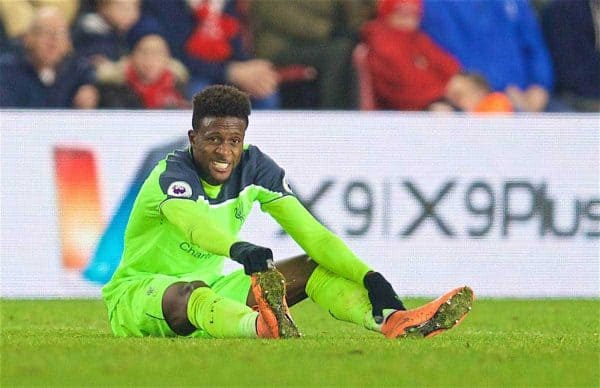 MIDDLESBROUGH, ENGLAND - Wednesday, December 14, 2016: Liverpool's Divock Origi goes down injured against Middlesbrough during the FA Premier League match at the Riverside Stadium. (Pic by David Rawcliffe/Propaganda)