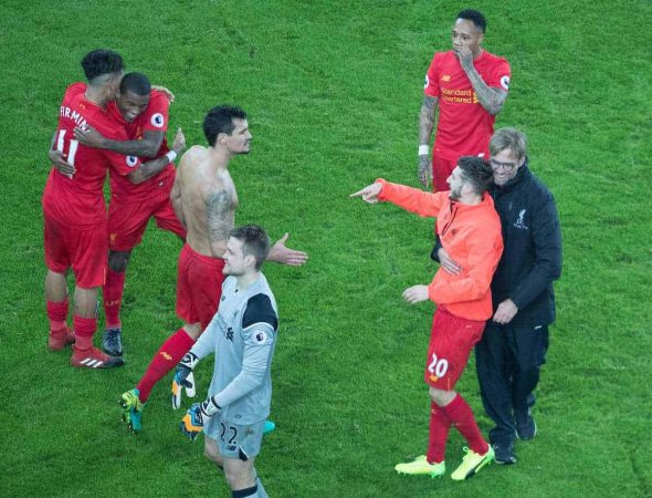 LIVERPOOL, ENGLAND - Monday, December 19, 2016: A Liverpool's Jürgen Klopp congratulates Adam Lallana after the final whistle against Everton in the FA Premier League match against Liverpool, the 227th Merseyside Derby, at Goodison Park. (Pic by Gavin Trafford/Propaganda)