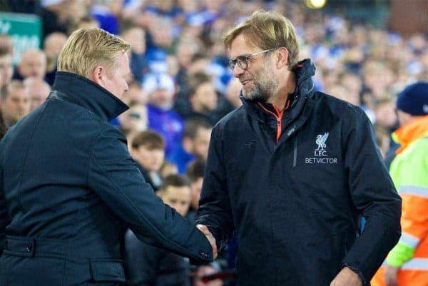 LIVERPOOL, ENGLAND - Monday, December 19, 2016: Liverpool's manager Jürgen Klopp and Everton's manager Ronald Koeman before the FA Premier League match, the 227th Merseyside Derby, at Goodison Park. (Pic by David Rawcliffe/Propaganda)