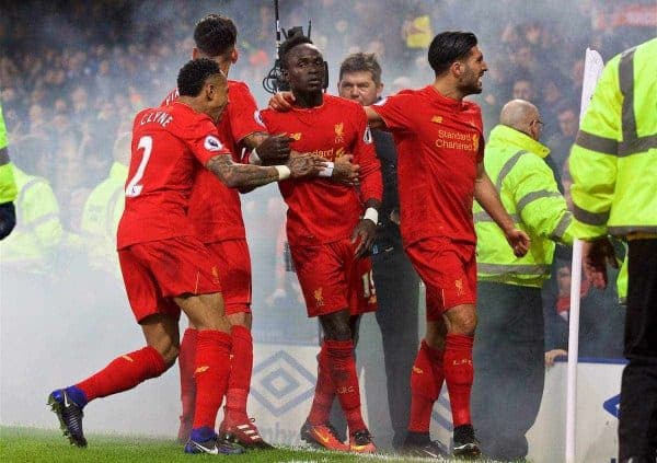 LIVERPOOL, ENGLAND - Monday, December 19, 2016: Liverpool's Sadio Mane celebrates scoring the winning goal against Everton in injury time during the FA Premier League match, the 227th Merseyside Derby, at Goodison Park. (Pic by David Rawcliffe/Propaganda)