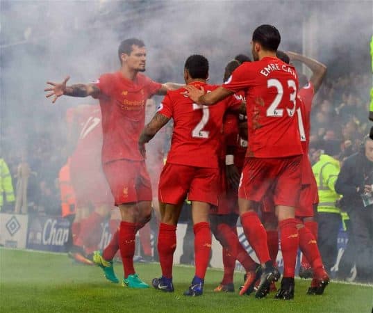 LIVERPOOL, ENGLAND - Monday, December 19, 2016: Liverpool's Sadio Mane celebrates scoring the winning goal against Everton in injury time during the FA Premier League match, the 227th Merseyside Derby, at Goodison Park. (Pic by David Rawcliffe/Propaganda)