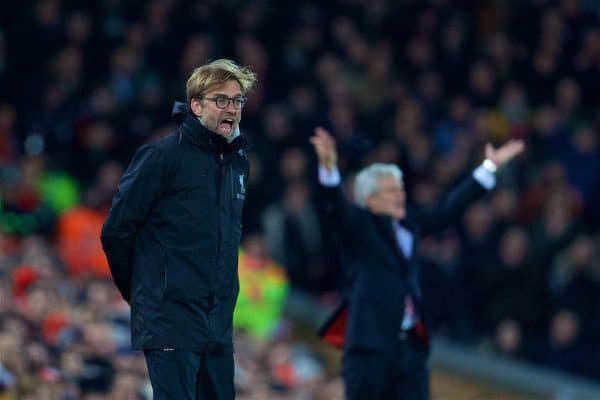 LIVERPOOL, ENGLAND - Tuesday, December 27, 2016: Liverpool's manager Jürgen Klopp reacts against Stoke City during the FA Premier League match at Anfield. (Pic by David Rawcliffe/Propaganda)