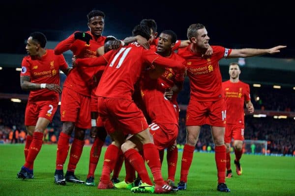 LIVERPOOL, ENGLAND - Tuesday, December 27, 2016: Liverpool's Roberto Firmino celebrates scoring the second goal against Stoke City during the FA Premier League match at Anfield. (Pic by David Rawcliffe/Propaganda)