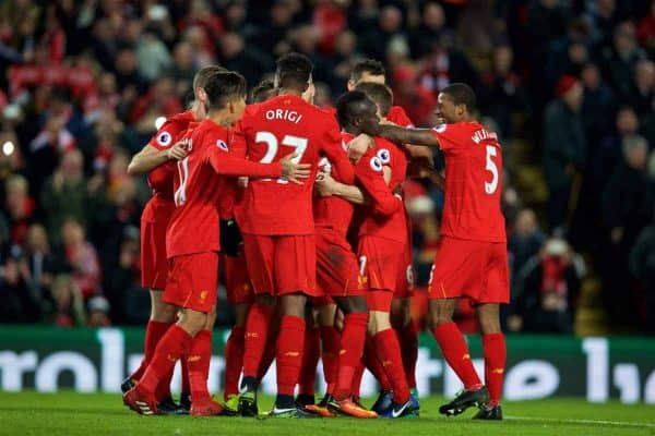 LIVERPOOL, ENGLAND - Tuesday, December 27, 2016: Liverpool's Sadio Mane celebrates scoring the third goal against Stoke City with team-mates during the FA Premier League match at Anfield. (Pic by David Rawcliffe/Propaganda)