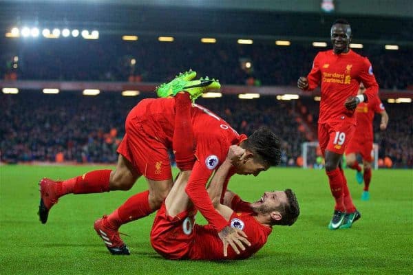 LIVERPOOL, ENGLAND - Tuesday, December 27, 2016: Liverpool's Roberto Firmino celebrates scoring the second goal against Stoke City with team-mate Roberto Firmino during the FA Premier League match at Anfield. (Pic by David Rawcliffe/Propaganda)