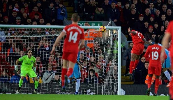 LIVERPOOL, ENGLAND - Saturday, December 31, 2016: Liverpool's Georginio Wijnaldum scores the first goal against Manchester City during the FA Premier League match at Anfield. (Pic by David Rawcliffe/Propaganda)