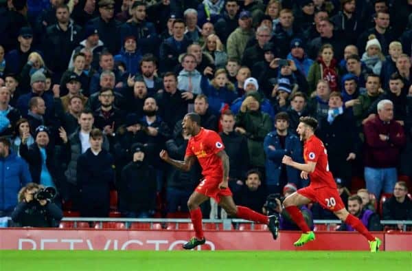 LIVERPOOL, ENGLAND - Saturday, December 31, 2016: Liverpool's Georginio Wijnaldum celebrates scoring the first goal against Manchester City during the FA Premier League match at Anfield. (Pic by David Rawcliffe/Propaganda)