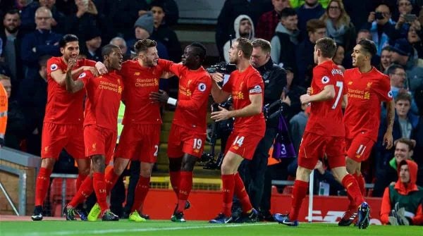 LIVERPOOL, ENGLAND - Saturday, December 31, 2016: Liverpool's Georginio Wijnaldum celebrates scoring the first goal against Manchester City during the FA Premier League match at Anfield. (Pic by David Rawcliffe/Propaganda)