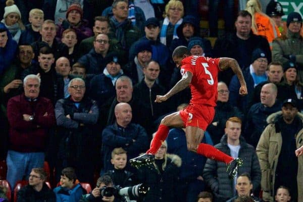 LIVERPOOL, ENGLAND - Saturday, December 31, 2016: Liverpool's Georginio Wijnaldum celebrates scoring the first goal against Manchester City during the FA Premier League match at Anfield. (Pic by David Rawcliffe/Propaganda)