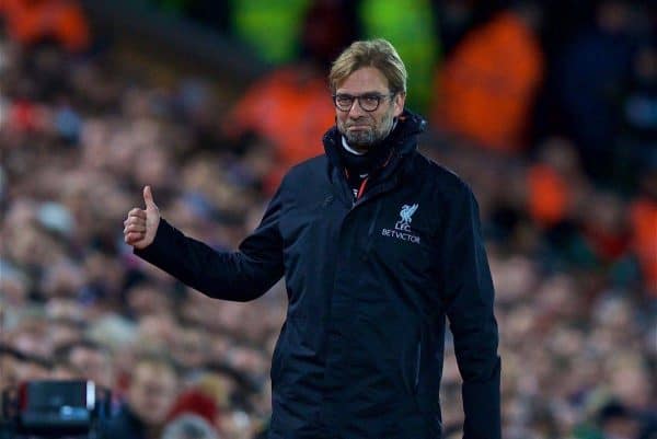 LIVERPOOL, ENGLAND - Saturday, December 31, 2016: Liverpool's manager J¸rgen Klopp reacts during the FA Premier League match against Manchester City at Anfield. (Pic by David Rawcliffe/Propaganda)