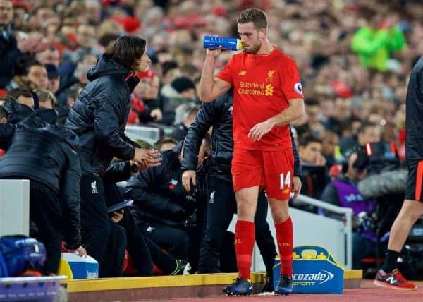 LIVERPOOL, ENGLAND - Saturday, December 31, 2016: Liverpool's captain Jordan Henderson goes off injured against Manchester City during the FA Premier League match at Anfield. (Pic by David Rawcliffe/Propaganda)