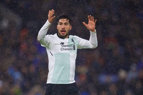 LIVERPOOL, ENGLAND - Saturday, December 30, 2017: Liverpool's Emre Can looks dejected during the FA Premier League match between Liverpool and Leicester City at Anfield. (Pic by David Rawcliffe/Propaganda)