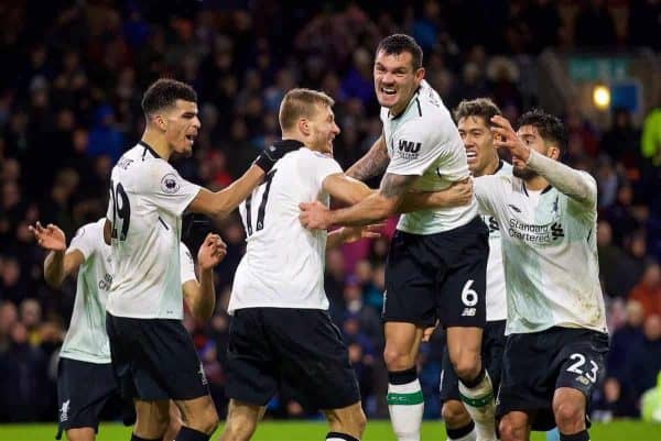 LIVERPOOL, ENGLAND - Saturday, December 30, 2017: Liverpool's Ragnar Klavan celebrates scoring the winning second goal with a header with team-mate Dominic Solanke and Dejan Lovren during the FA Premier League match between Liverpool and Leicester City at Anfield. (Pic by David Rawcliffe/Propaganda)