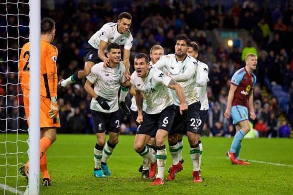 LIVERPOOL, ENGLAND - Saturday, December 30, 2017: Liverpool's Ragnar Klavan celebrates scoring the winning second goal with a header with team-mates Trent Alexander-Arnold, Dominic Solanke, Dejan Lovren and Emre Can during the FA Premier League match between Liverpool and Leicester City at Anfield. (Pic by David Rawcliffe/Propaganda)