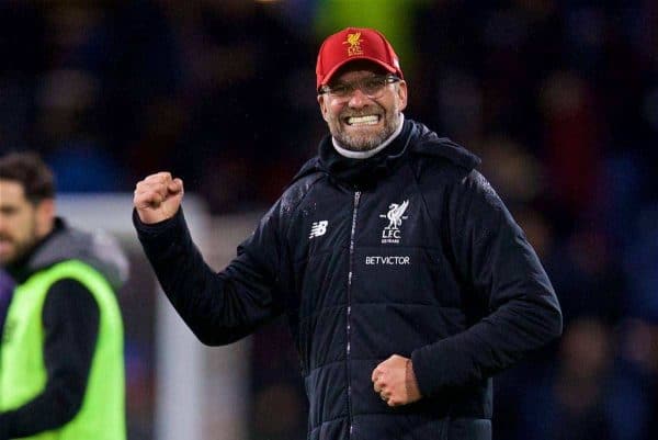 LIVERPOOL, ENGLAND - Saturday, December 30, 2017: Liverpool's manager Jürgen Klopp celebrates his side's late 2-1 victory over Burnley during the FA Premier League match between Liverpool and Leicester City at Anfield. (Pic by David Rawcliffe/Propaganda)