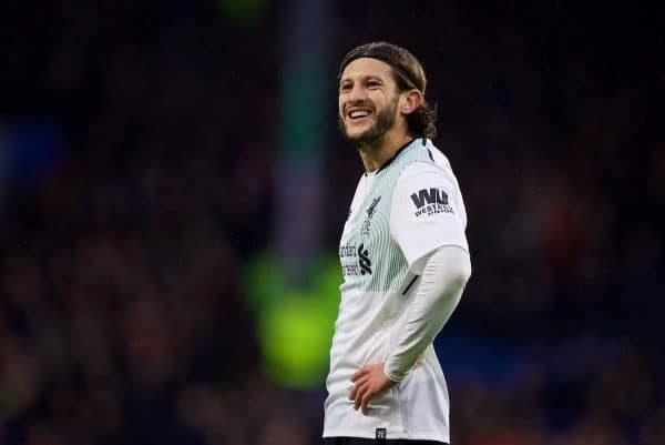 LIVERPOOL, ENGLAND - Saturday, December 30, 2017: Liverpool's Adam Lallana during the FA Premier League match between Liverpool and Leicester City at Anfield. (Pic by David Rawcliffe/Propaganda)